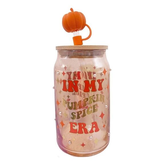 NEW 'In My Pumpkin Spice Era' Glass Tumbler, Bamboo Lid, Straw, Pumpkin Topper - Picture 1 of 7